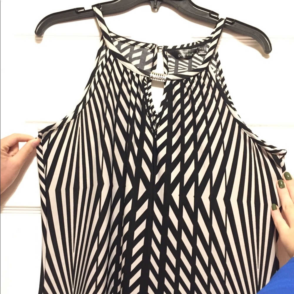 black and white striped dress with gold ring